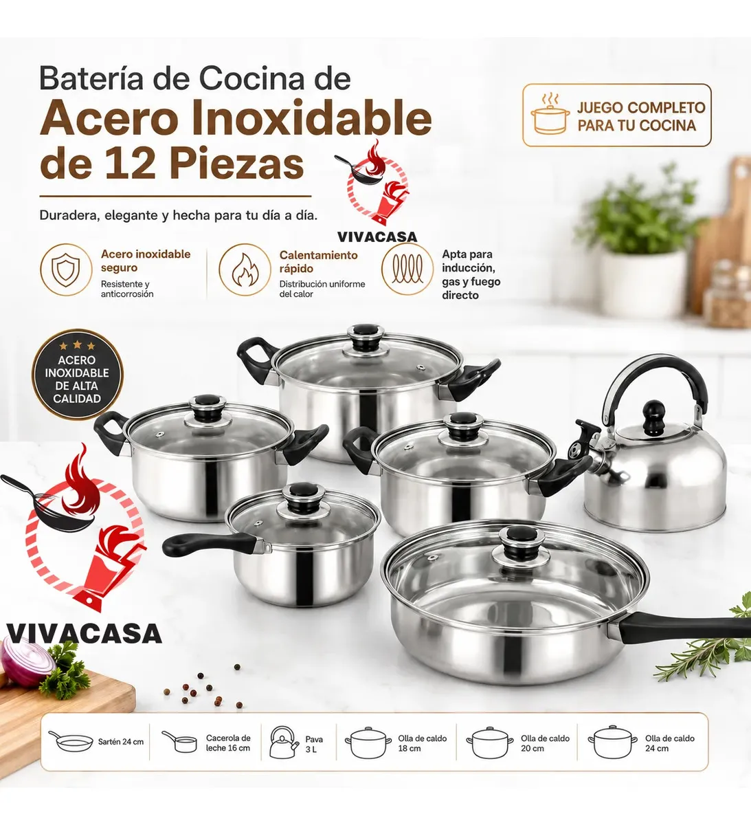 VIVACASA Batería De Cocina De Acero Inoxidable 12 Piezas Compatible Con Inducción Gas Y Horno con sartén,cacerola,olla de leche,tetera sin pfoa Cocción al vapor rápida Saludable bateria Color Plateado