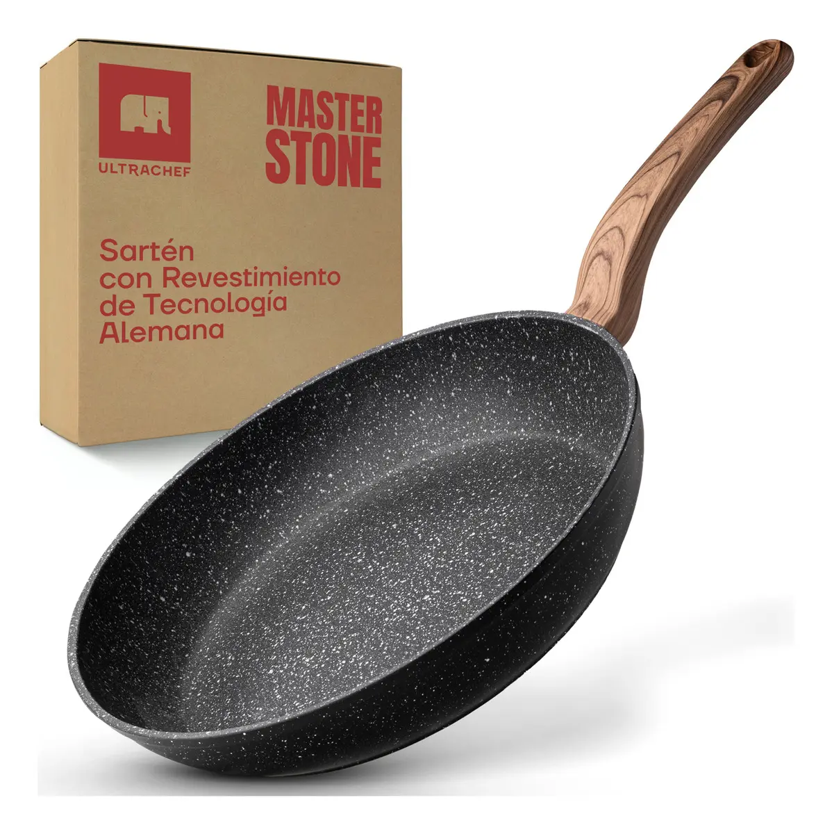 Sartén Antiadherente Tecnología Alemana Ultrachef Master Stone Línea Piedra y Madera 100% Libre de PFOA Para Estufas de Inducción Gas o Eléctrica Gris 24 cm